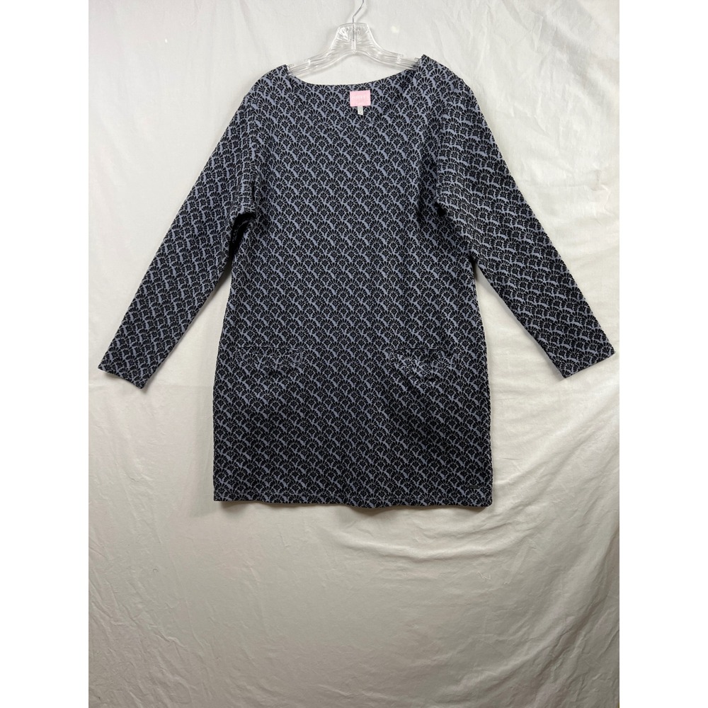Joules Roya Shift Dress Women 12 Blue Black Fan Jacquard Knit Long Sleeve Pocket